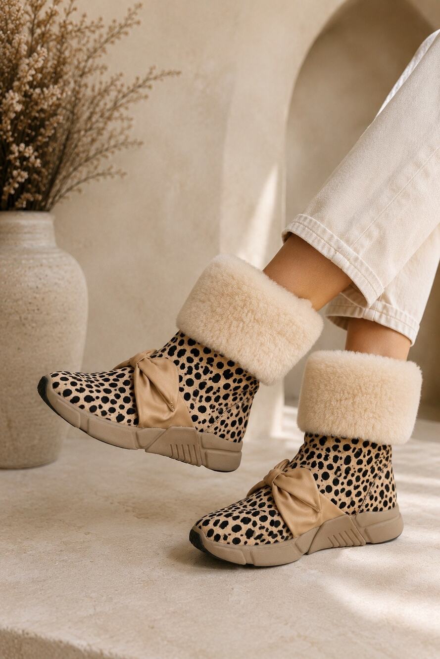 SKECHERS Mark Nason Cow Hair Shearling Leopard Print Pull On Boots Size 6